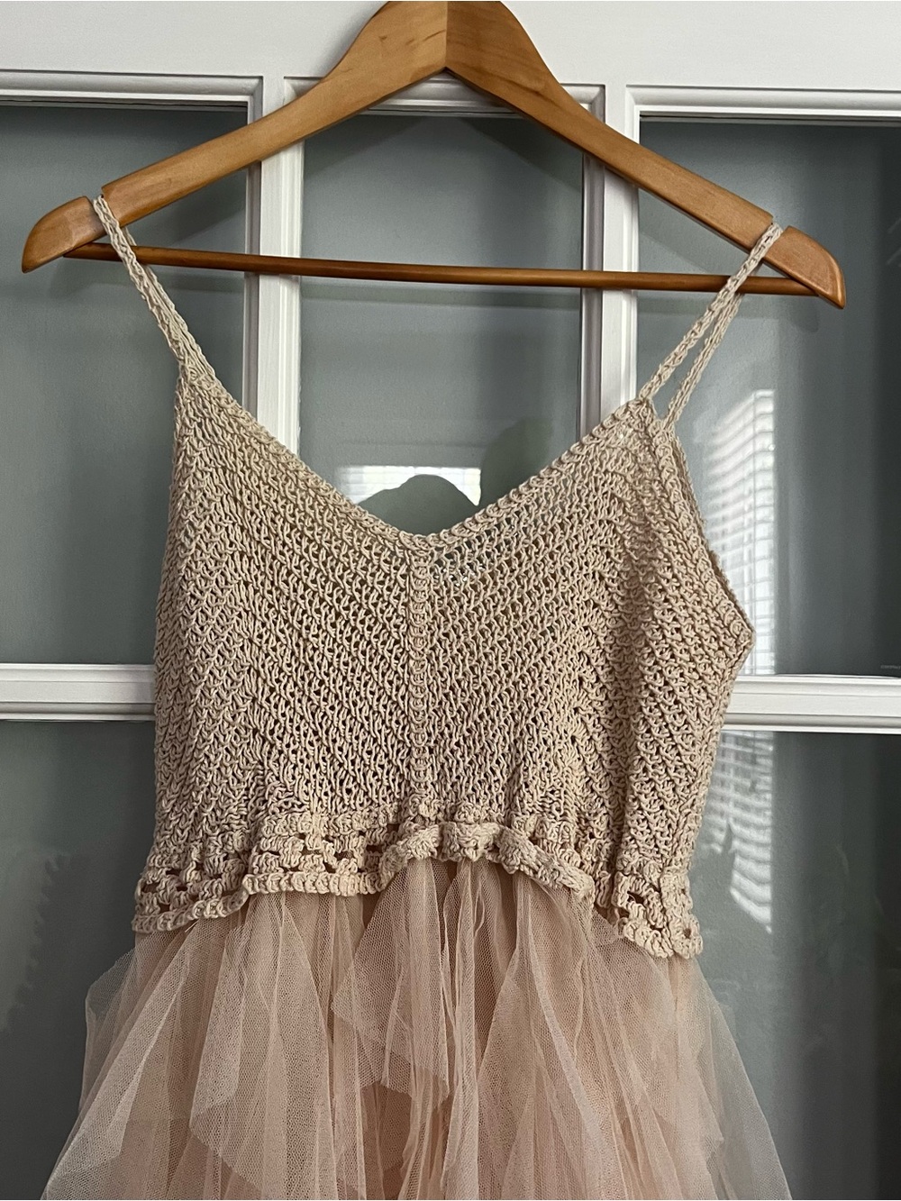 Sleeveless Crochet Bodice Tulle Midi Dress in Beige - Picture 4 of 9